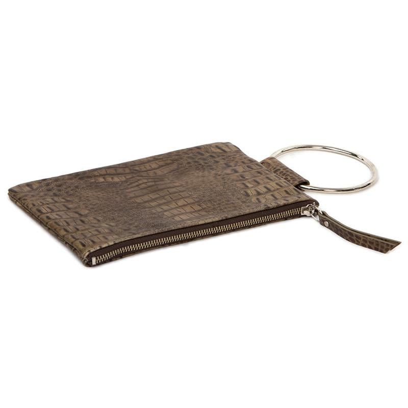 Soiree Wrist Clutch in Crocodile Embossed Leather - Taupe