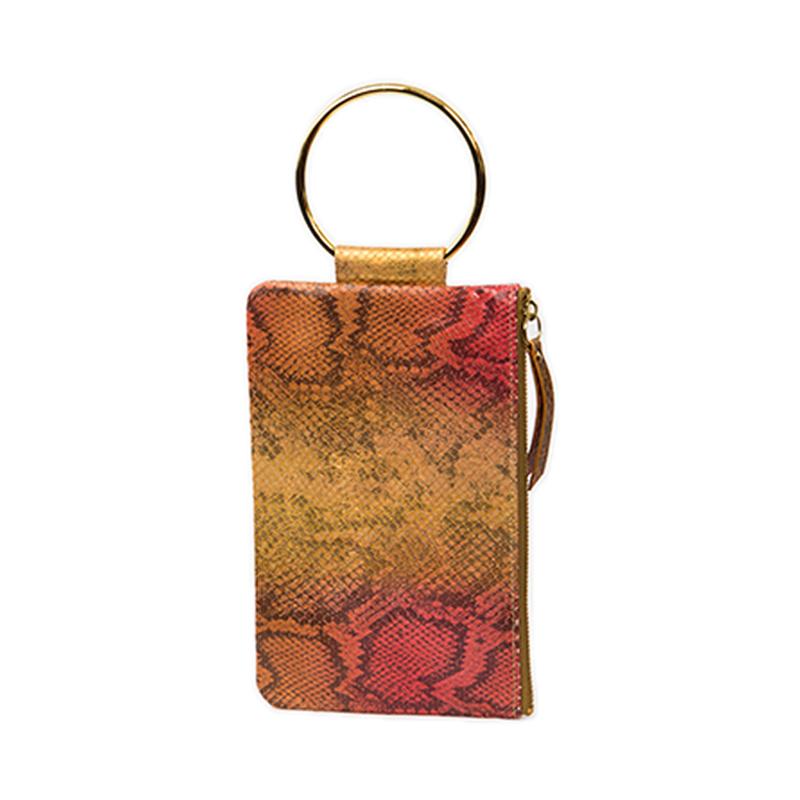 Soiree Wrist Clutch in Snake Embossed Leather - Gold/Coral